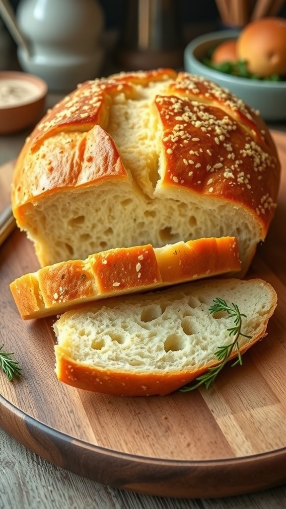 Cheesy Parmesan Bread Recipe A golden loaf of parmesan bread sliced to show the soft interior, on a wooden cutting board with herbs.